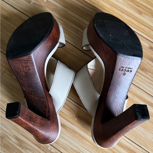 Gucci 1973 Saddle Leather T-strap Wood Platform Clog Sandals White 39 9 - Picture 7 of 11